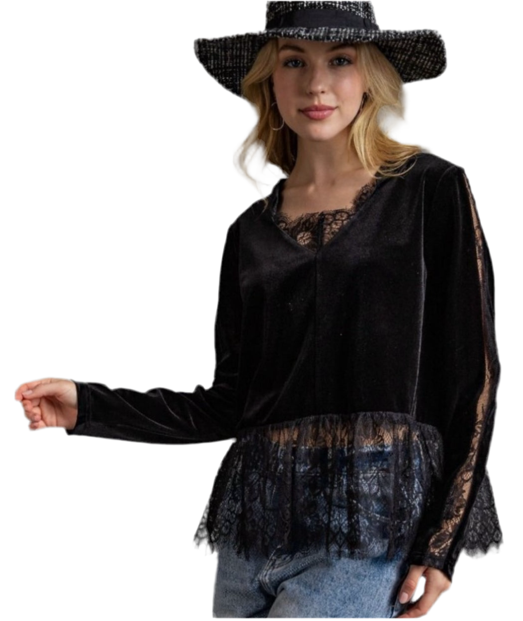 Elegant Velvet Lace Trim Blouse-Multiple Colors
