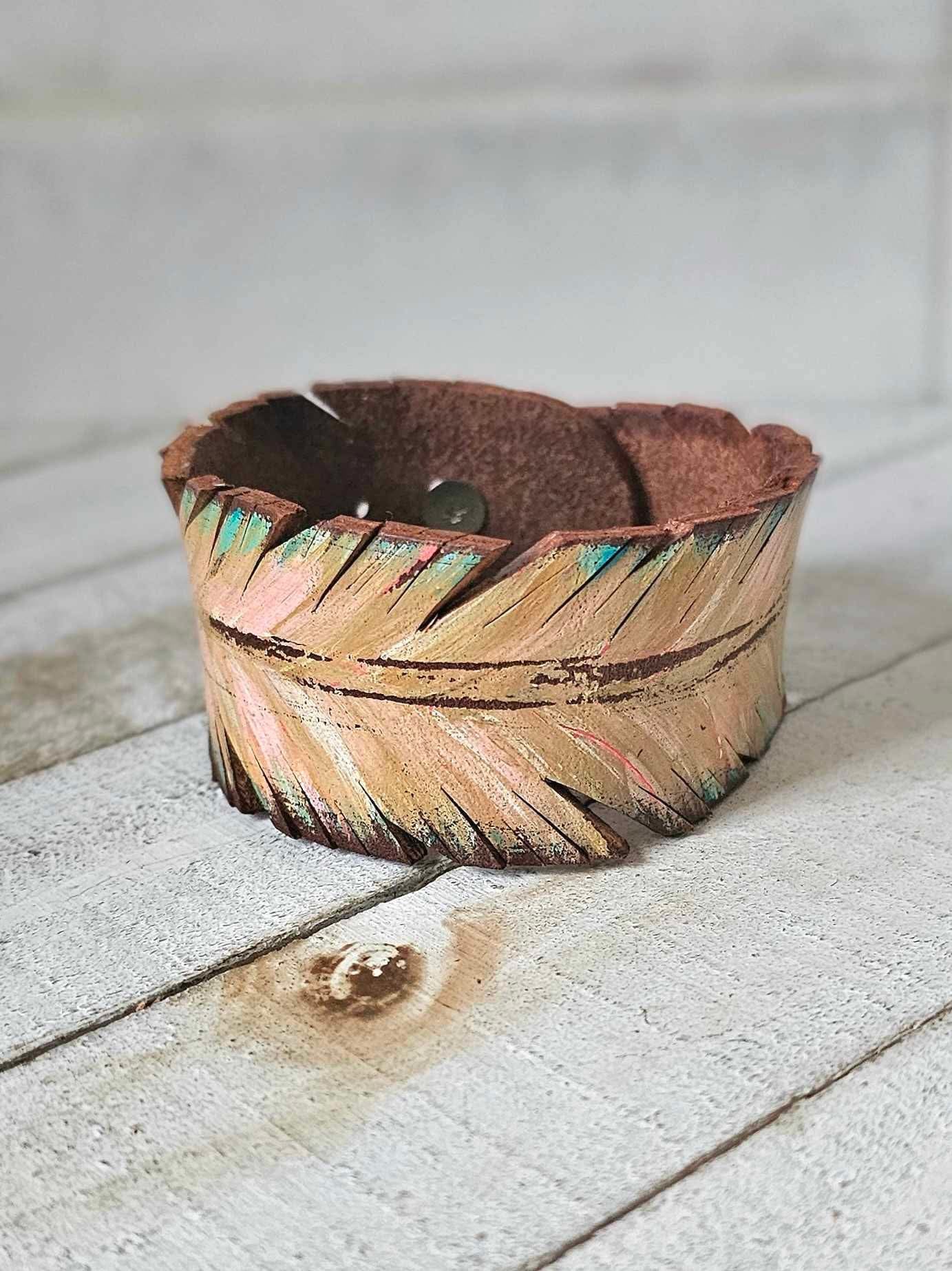 Colorful Feather Leather Cuff Bracelet