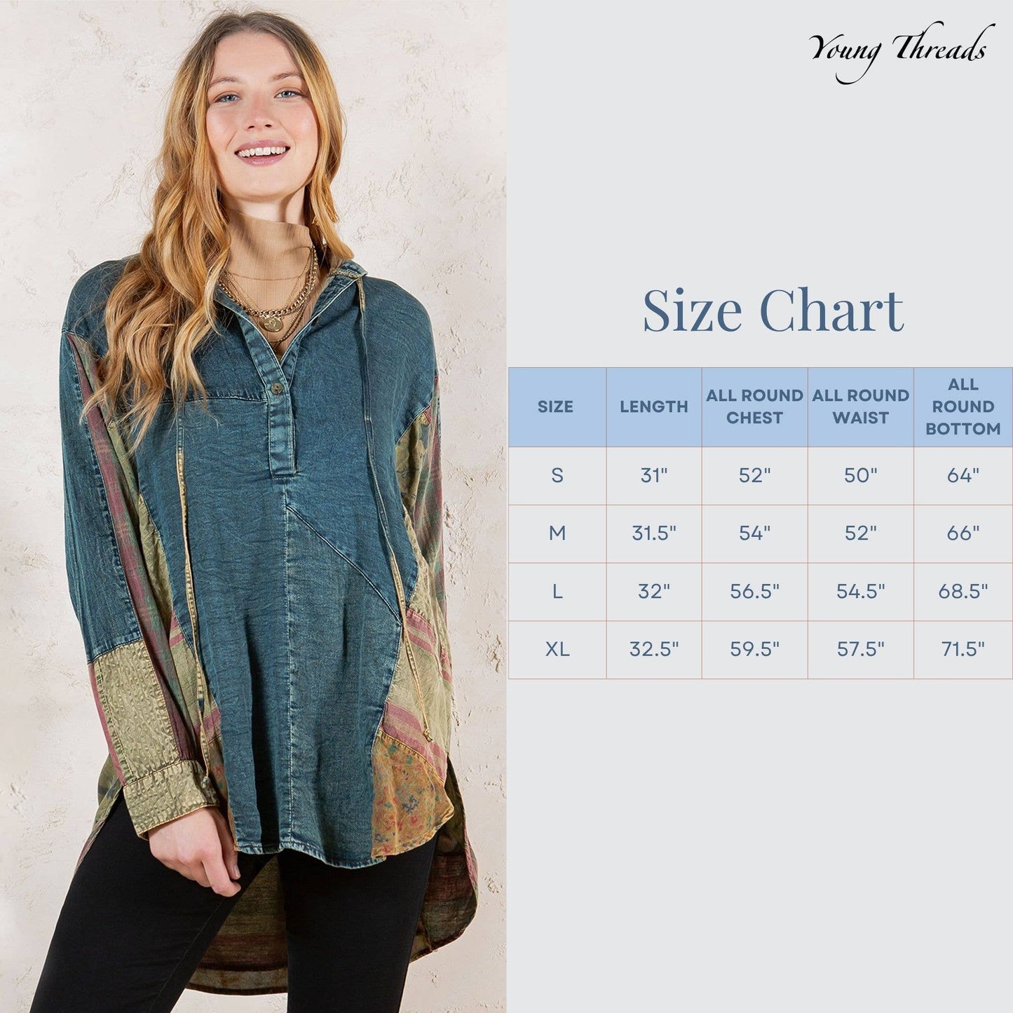 Western Boho Chic: Hooded High Low Patchwork Top