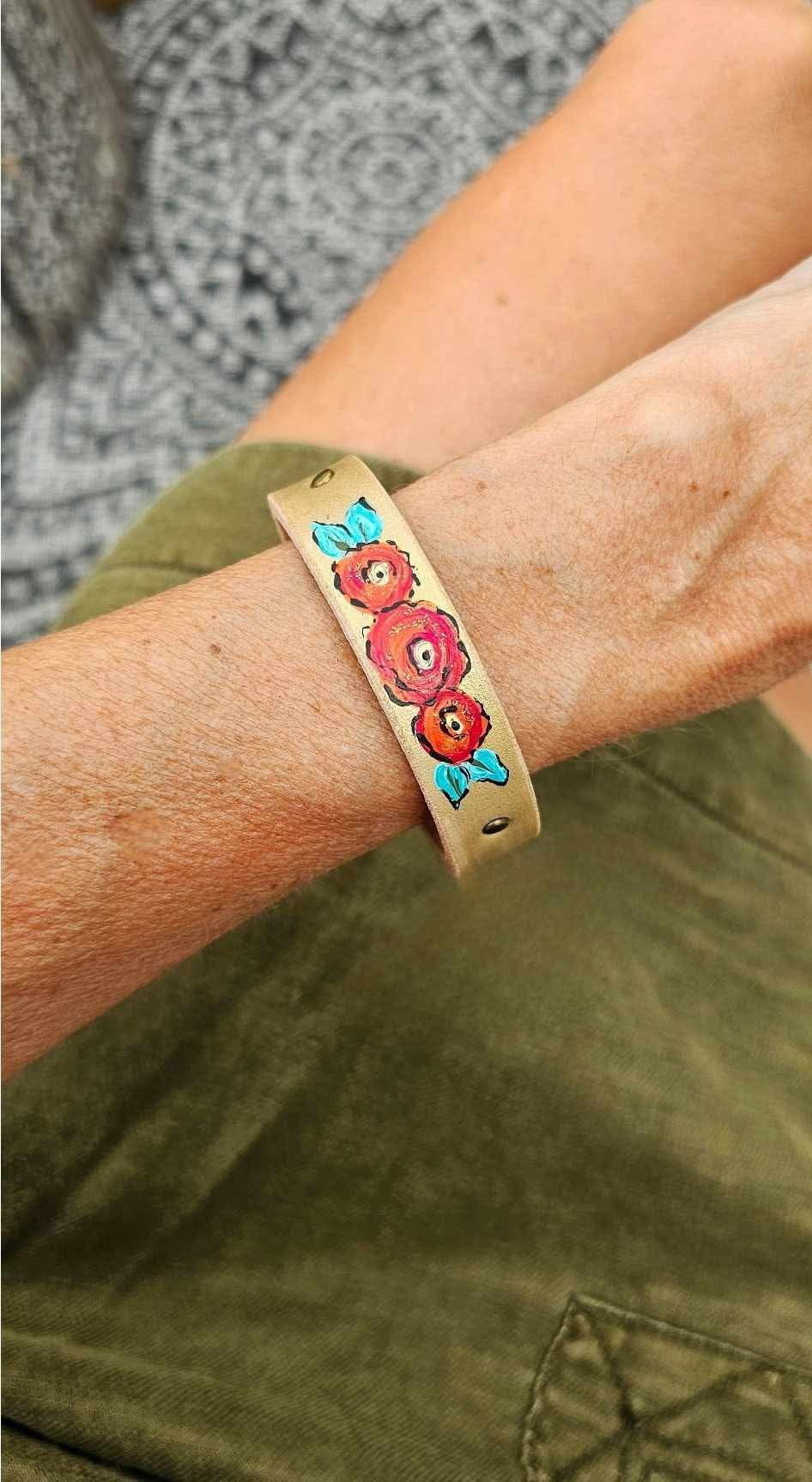 Floral Thin Leather Cuff Bracelet