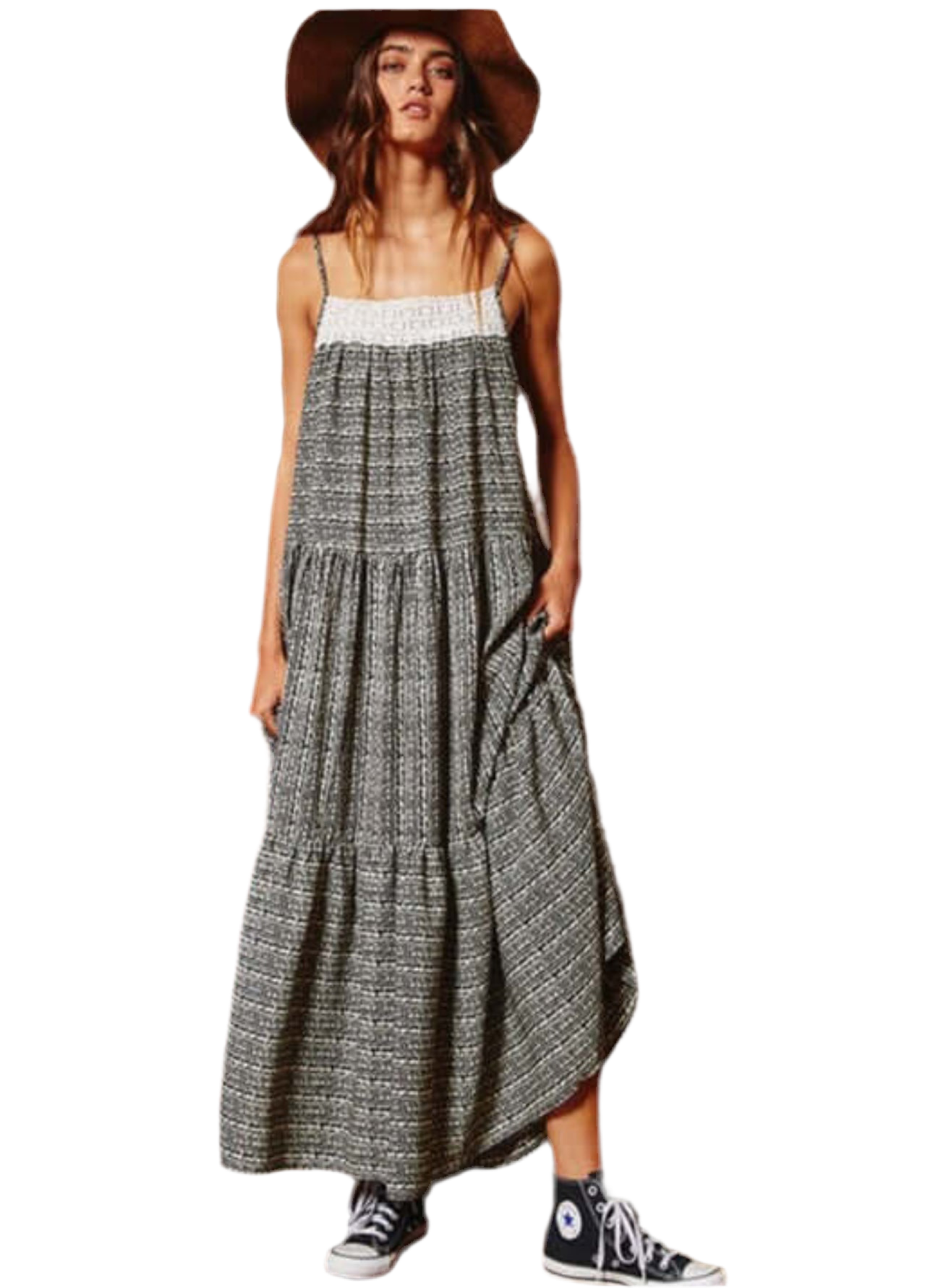 Flower and Lace Tiered Flowy Maxi Dress - small
