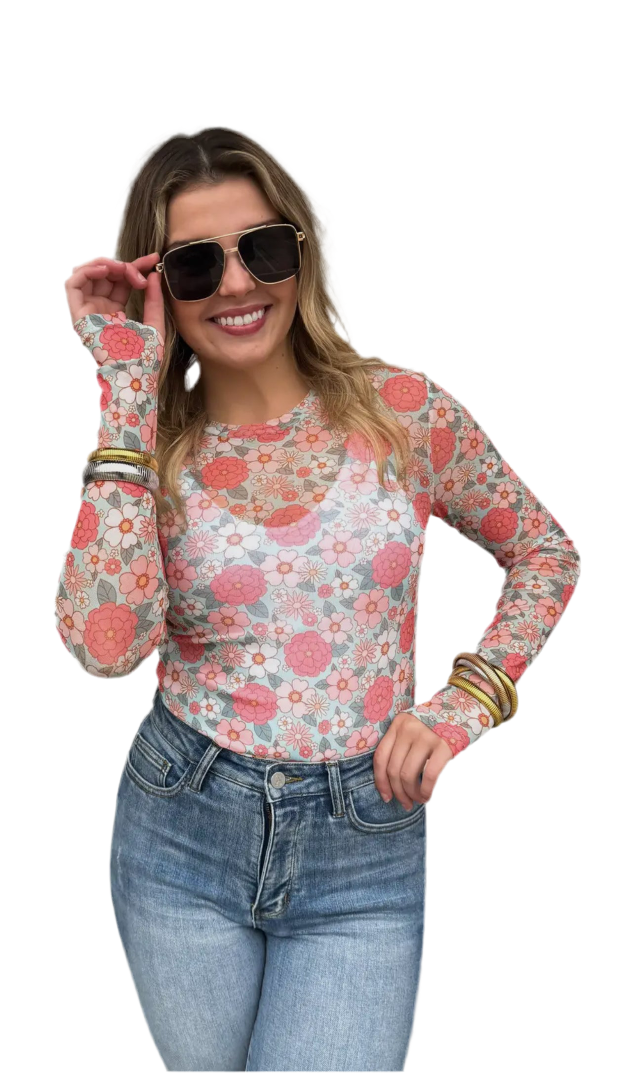 Floral Long Sleeve Mesh Top-Multiple Colors