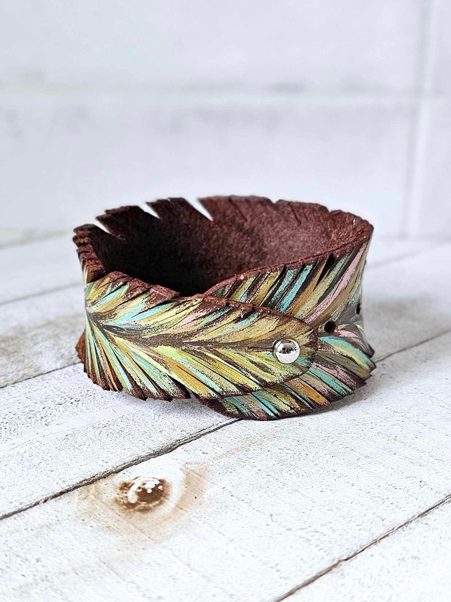 Colorful Feather Leather Cuff Bracelet