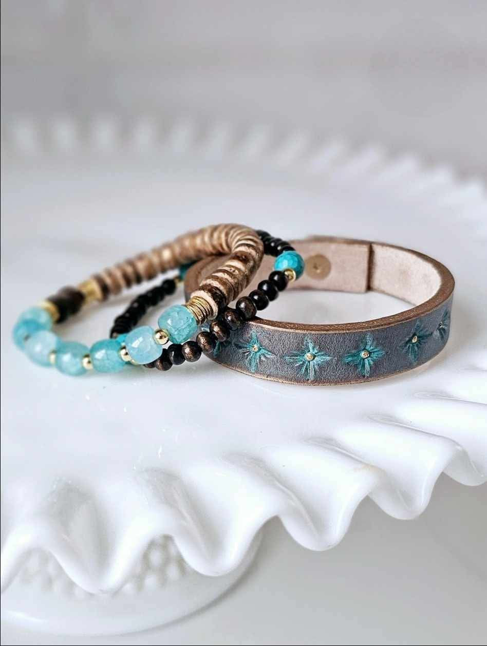 Thin Blue and Gray Leather Cuff Bracelet