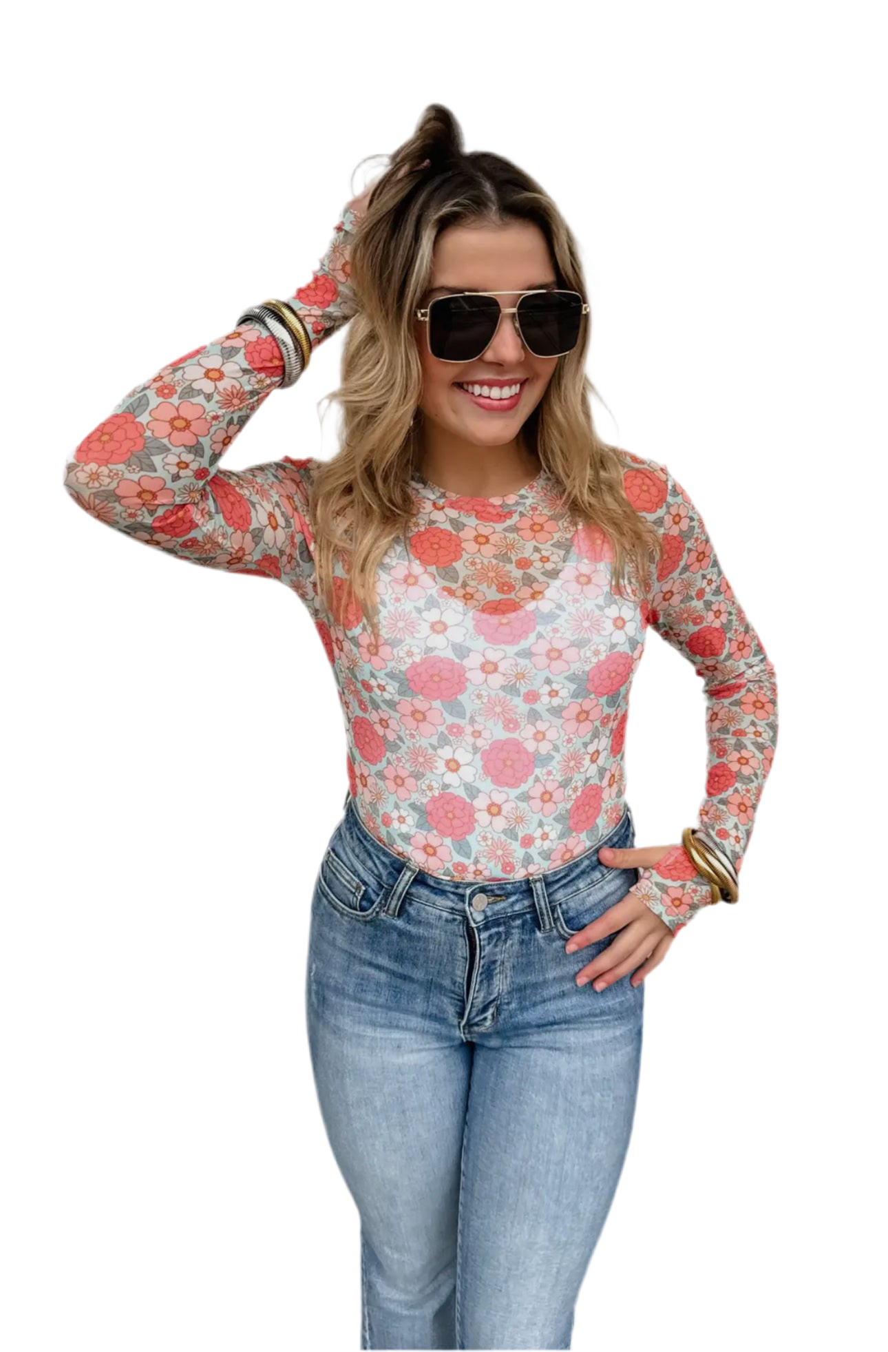 Floral Long Sleeve Mesh Top-Multiple Colors