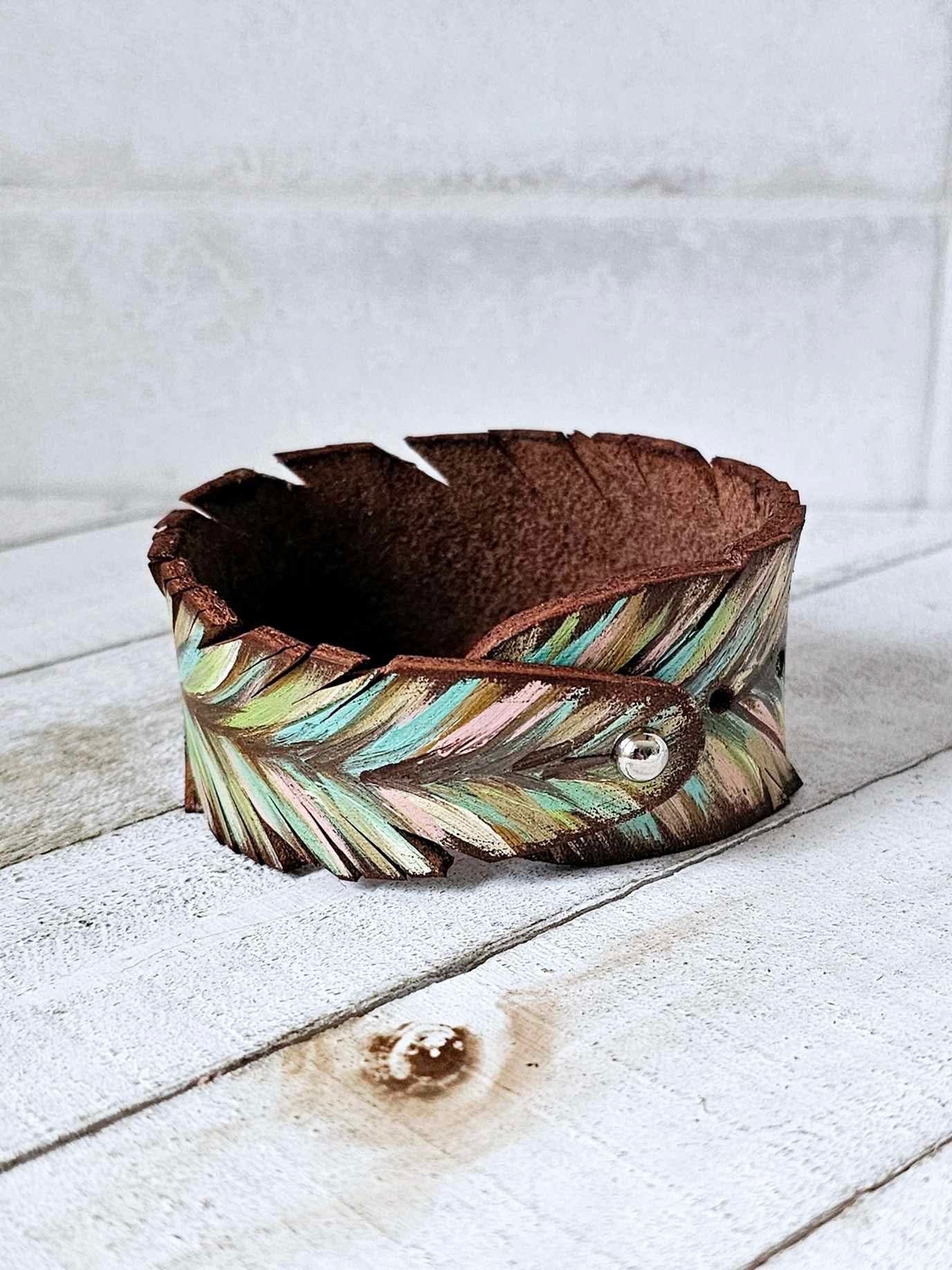 Colorful Feather Leather Cuff Bracelet