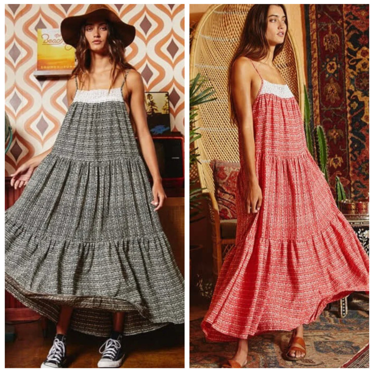Flower and Lace Tiered Flowy Maxi Dress - small