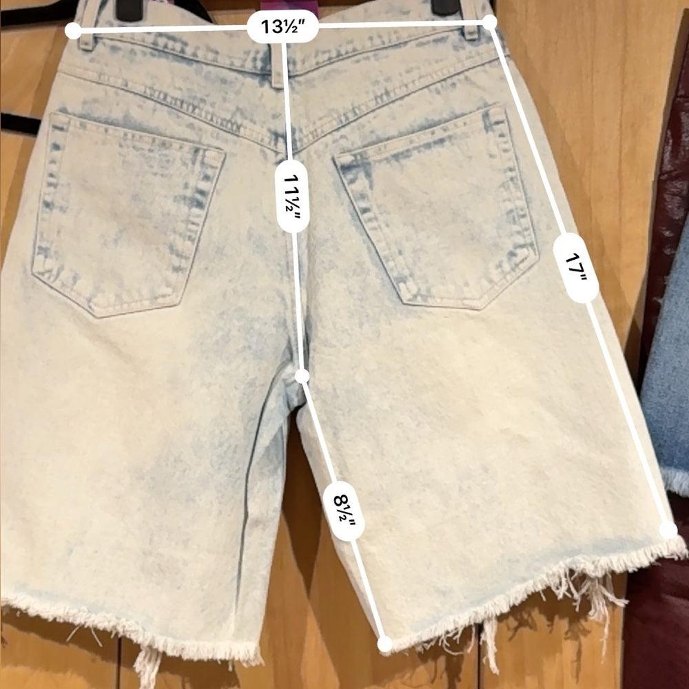 Distressed Bleached Long Denim Shorts - Small