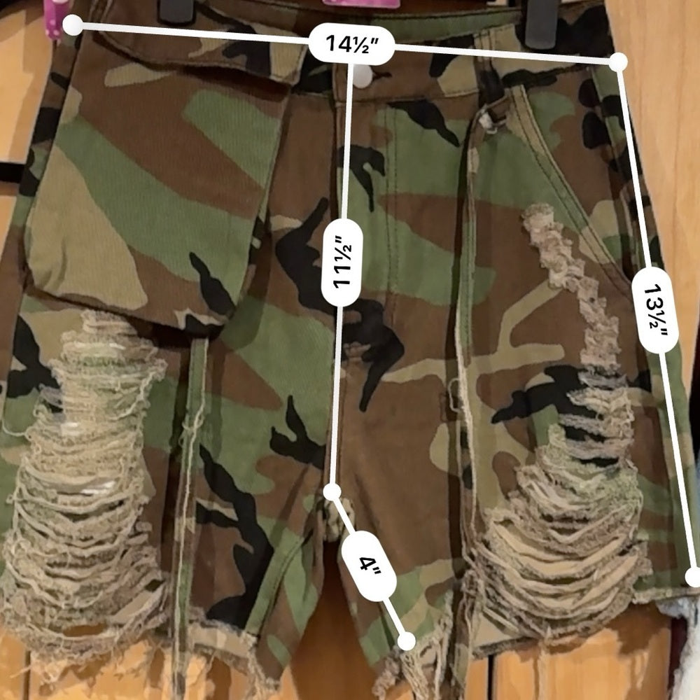 Small: Distressed Jean Camo Distressed Shorts