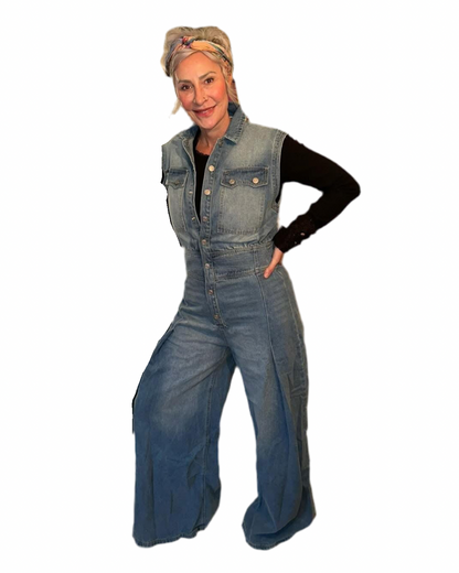 Denim Sleeveless Button-Up Wide Leg Jumpsuit