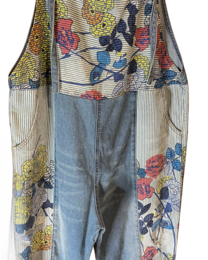 Floral Blue Denim Overalls One Size
