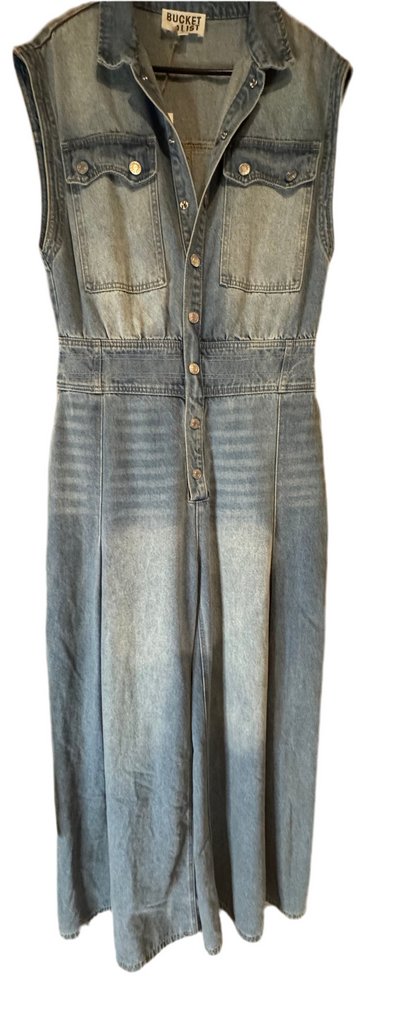 Denim Sleeveless Button-Up Wide Leg Jumpsuit