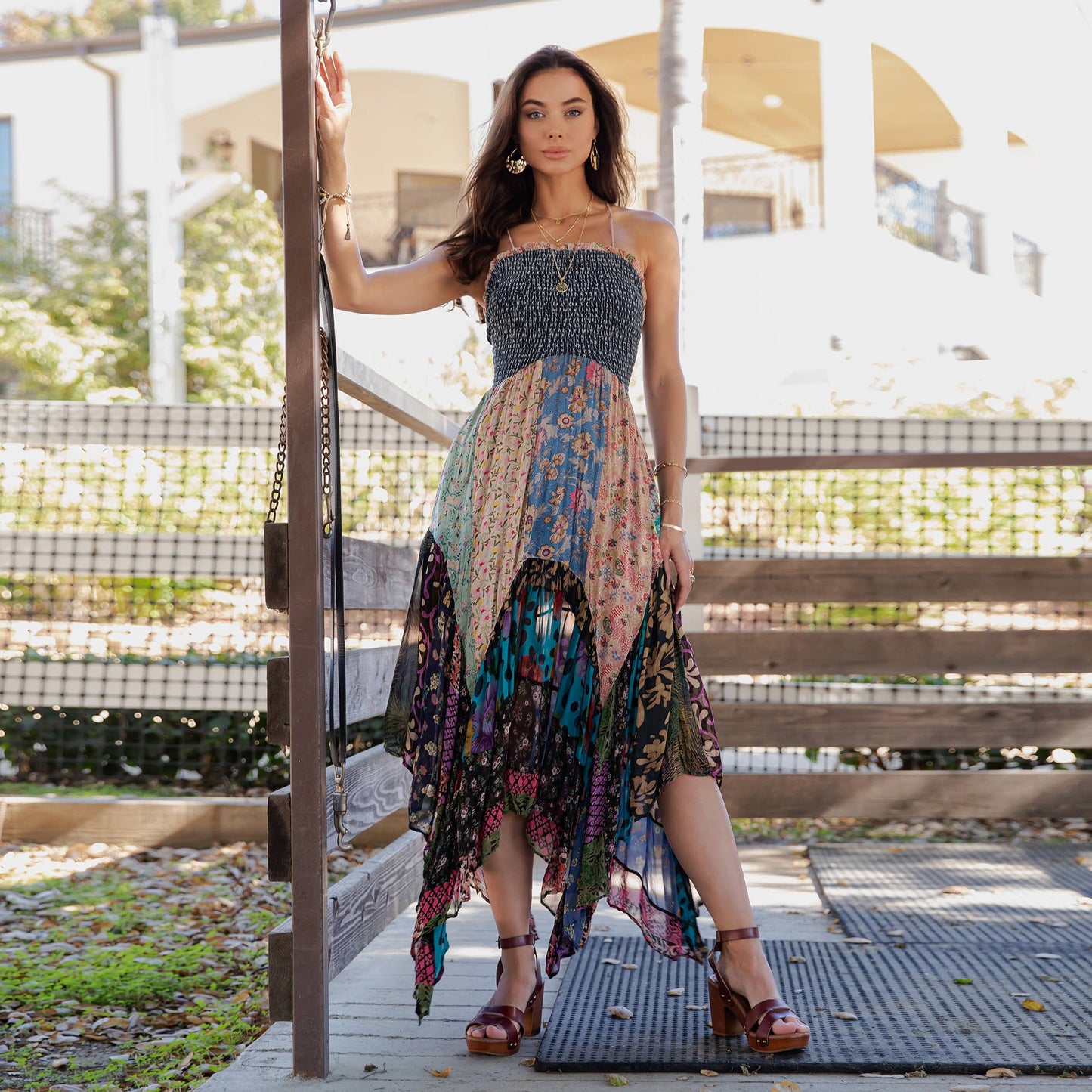 Smocked Bodice Mosaic Patches Handkerchief Hem Maxi Dress