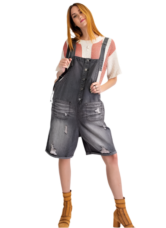 Easel Distressed Gray Denim Overall Shorts