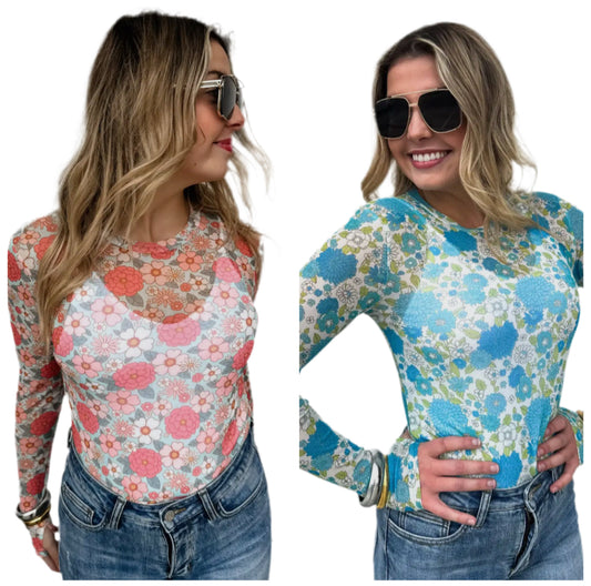 Floral Long Sleeve Mesh Top-Multiple Colors