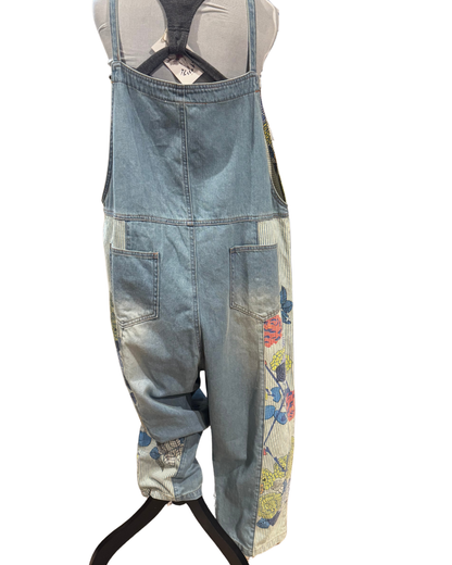Floral Blue Denim Overalls One Size