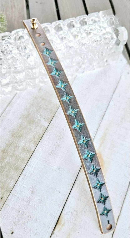 Thin Blue and Gray Leather Cuff Bracelet