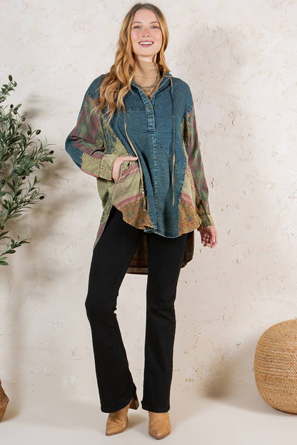 Western Boho Chic: Hooded High Low Patchwork Top