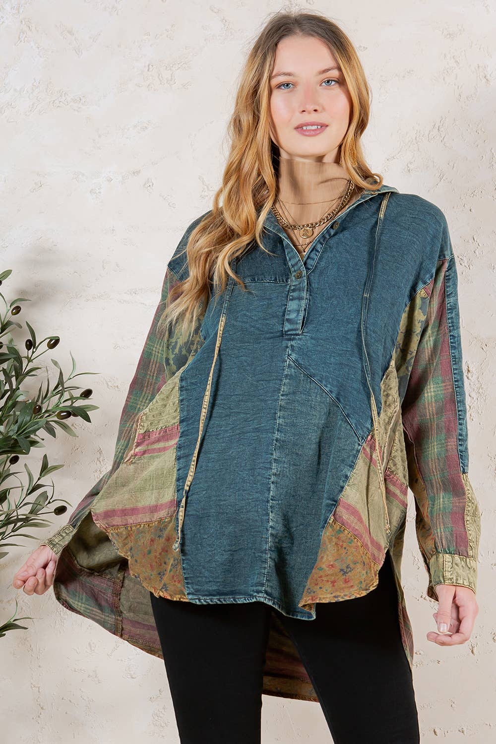 Western Boho Chic: Hooded High Low Patchwork Top