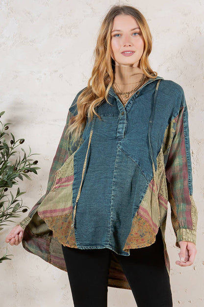 Western Boho Chic: Hooded High Low Patchwork Top