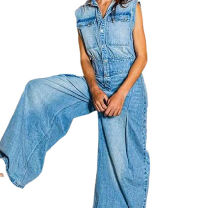 Denim Sleeveless Button-Up Wide Leg Jumpsuit