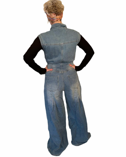 Denim Sleeveless Button-Up Wide Leg Jumpsuit