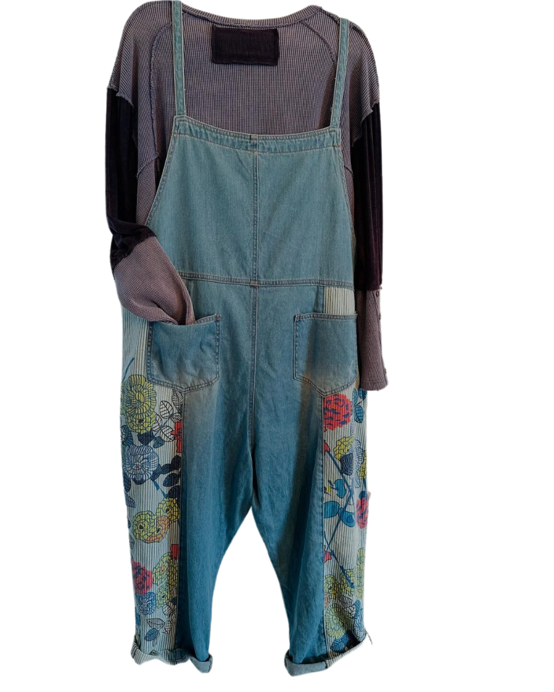 Floral Blue Denim Overalls One Size