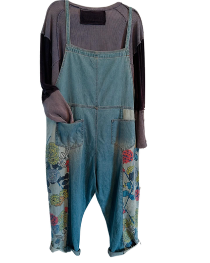 Floral Blue Denim Overalls One Size