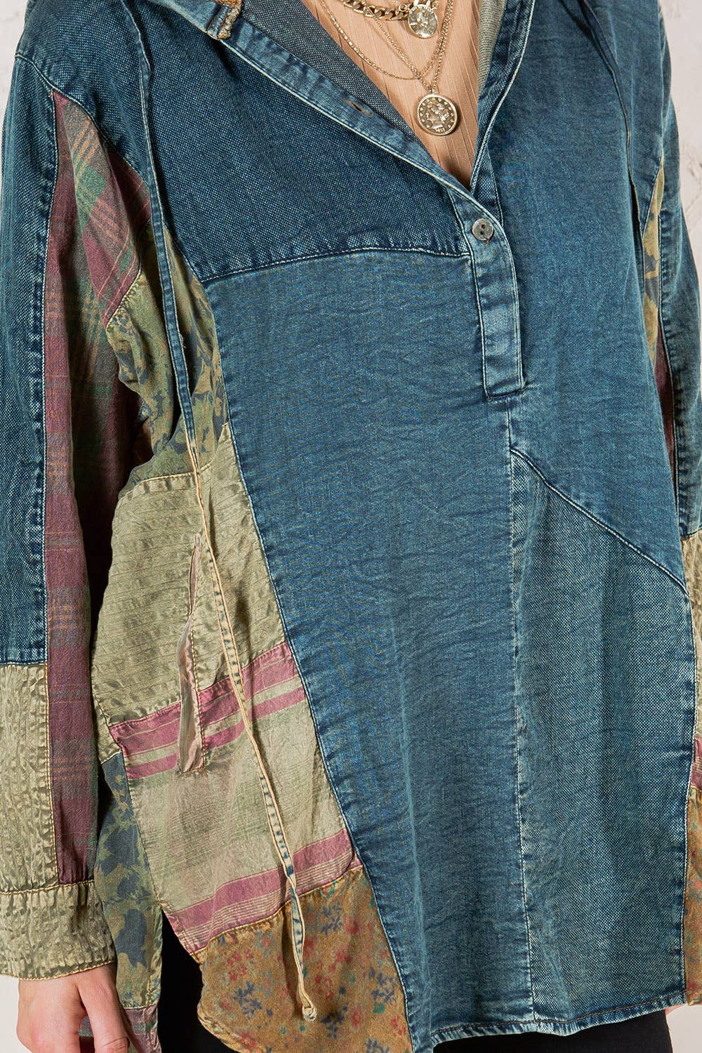 Western Boho Chic: Hooded High Low Patchwork Top