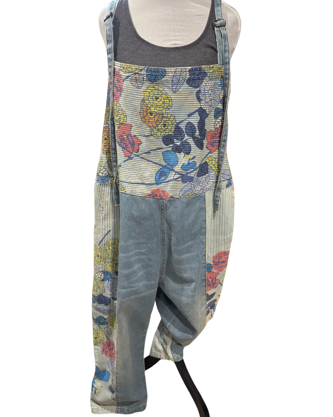 Floral Blue Denim Overalls One Size