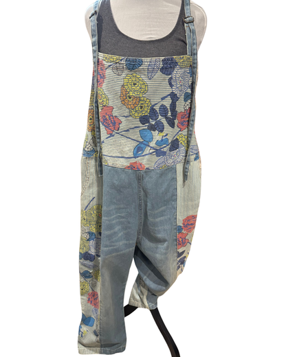 Floral Blue Denim Overalls One Size