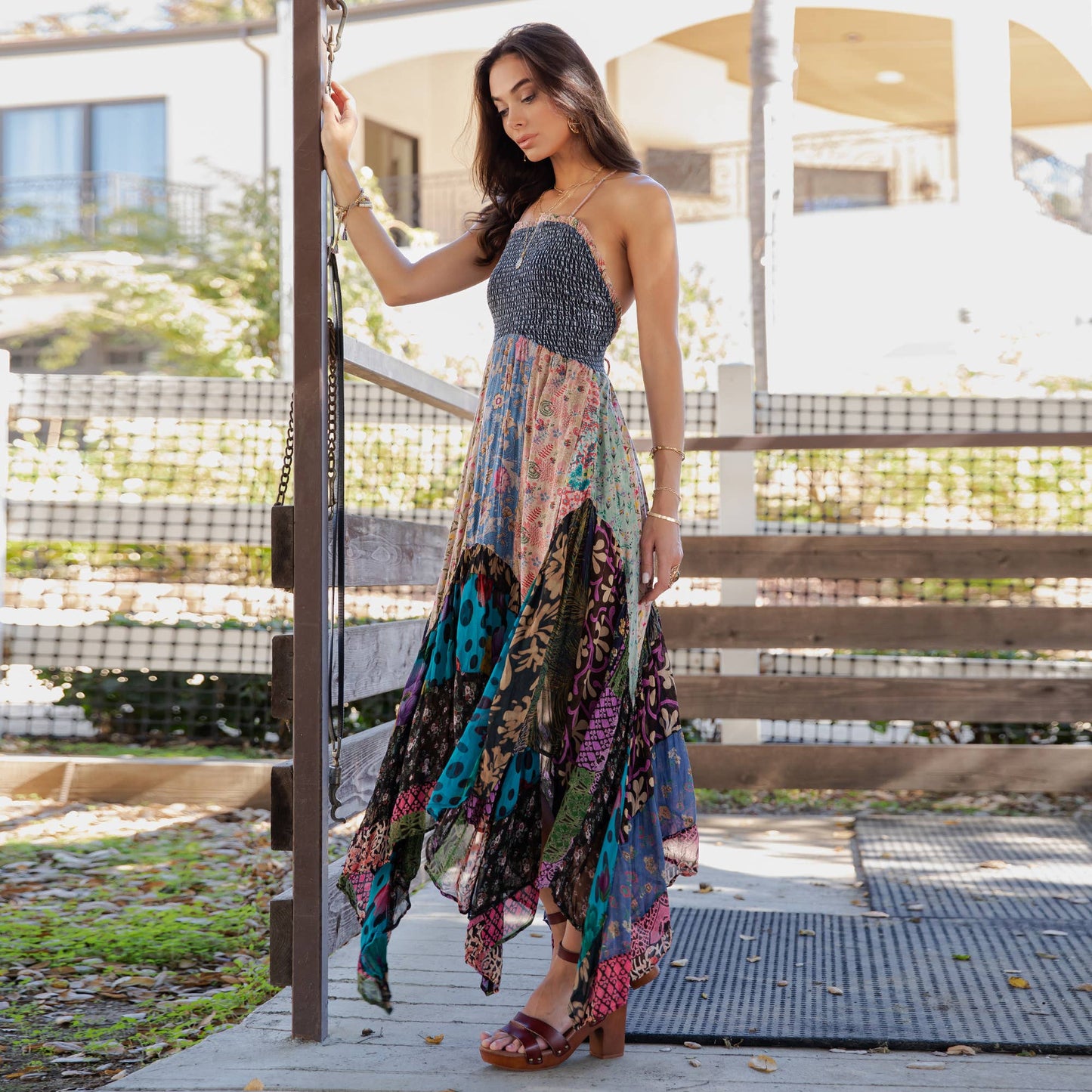 Smocked Bodice Mosaic Patches Handkerchief Hem Maxi Dress