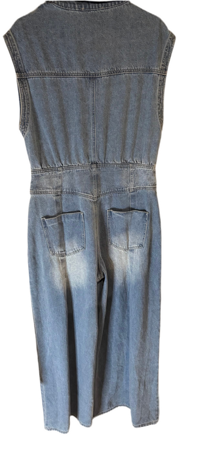 Denim Sleeveless Button-Up Wide Leg Jumpsuit