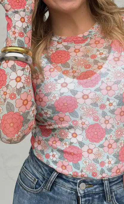 Floral Long Sleeve Mesh Top-Multiple Colors