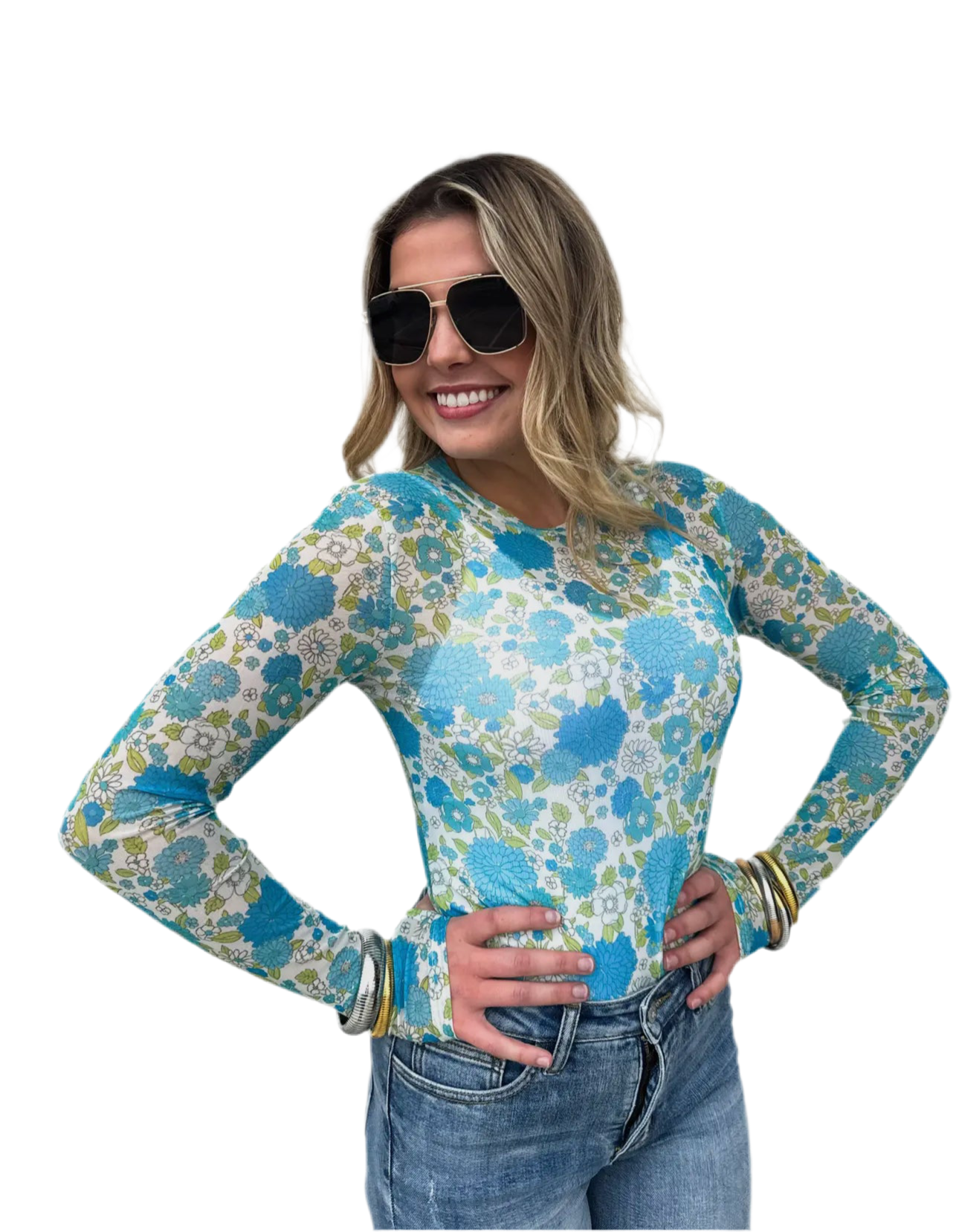 Floral Long Sleeve Mesh Top-Multiple Colors