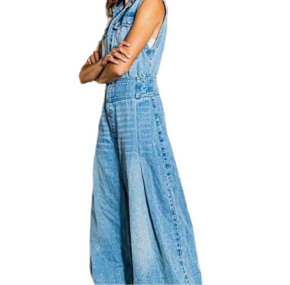 Denim Sleeveless Button-Up Wide Leg Jumpsuit