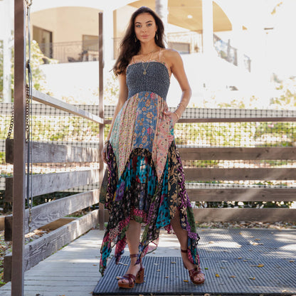 Smocked Bodice Mosaic Patches Handkerchief Hem Maxi Dress