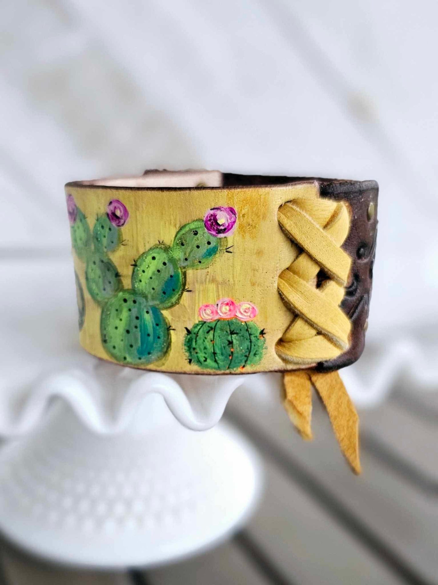 Cactus Design Boho Leather Cuff Bracelet
