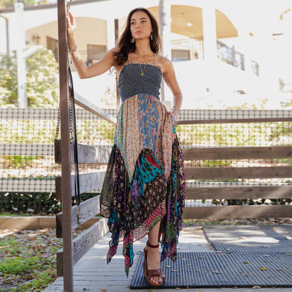 Smocked Bodice Mosaic Patches Handkerchief Hem Maxi Dress