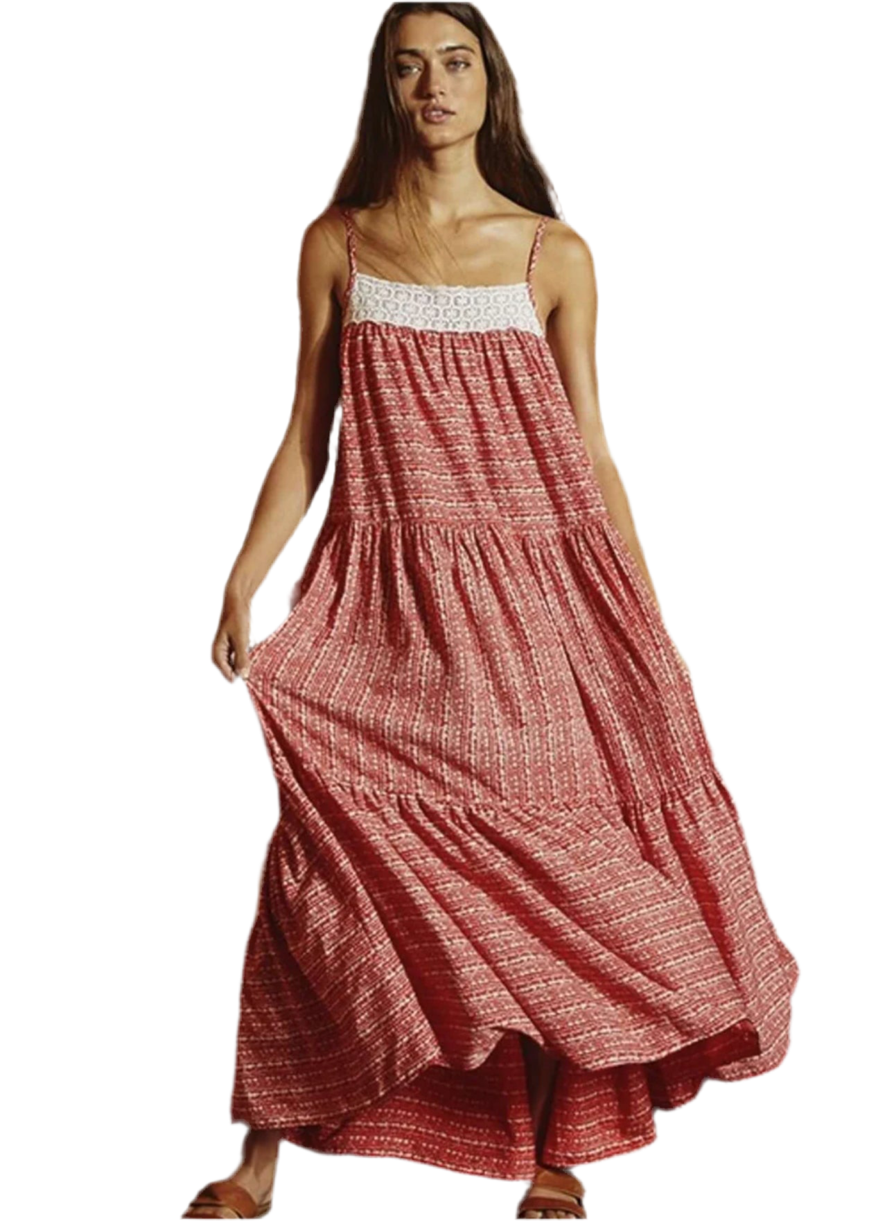 Flower and Lace Tiered Flowy Maxi Dress - small