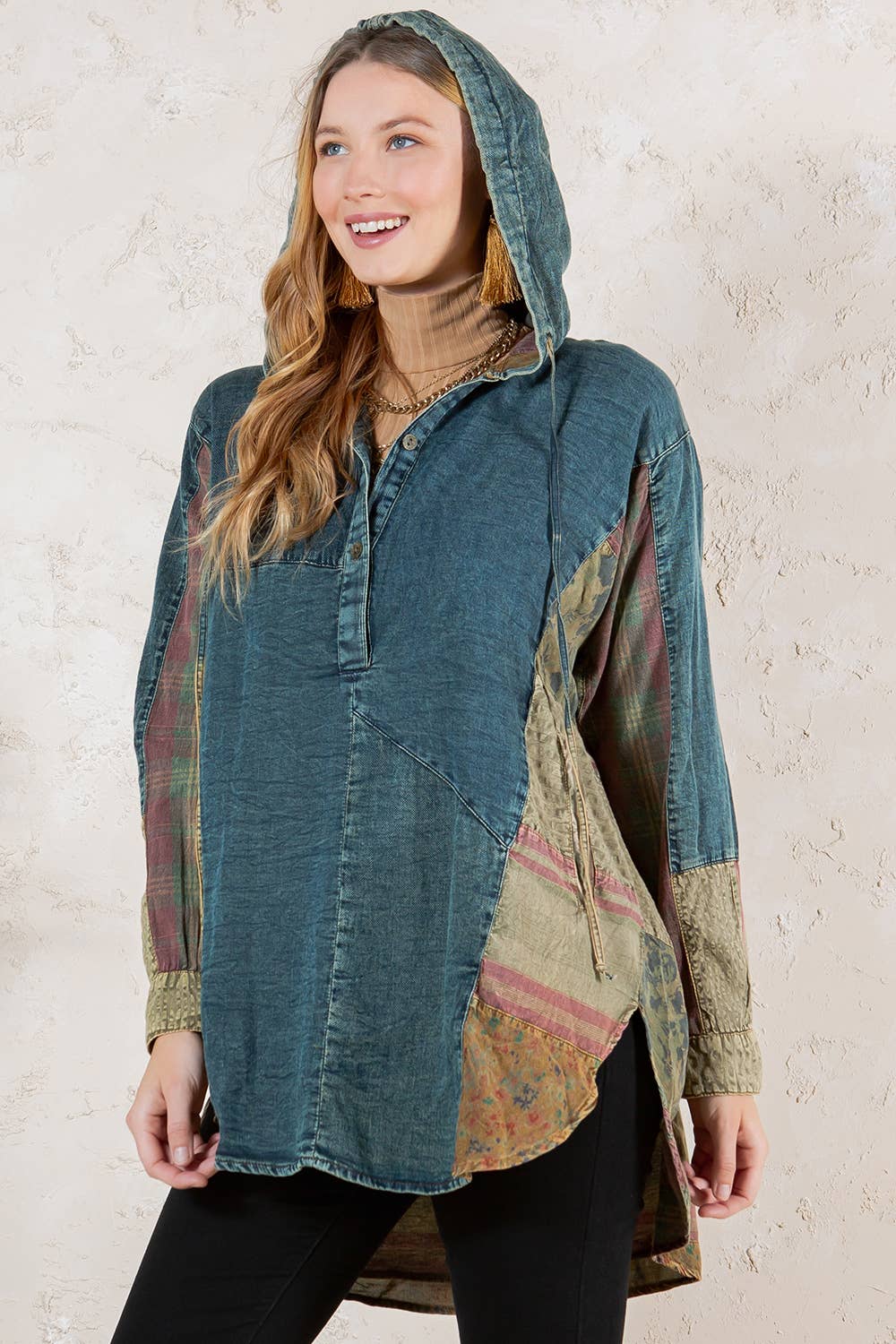 Western Boho Chic: Hooded High Low Patchwork Top