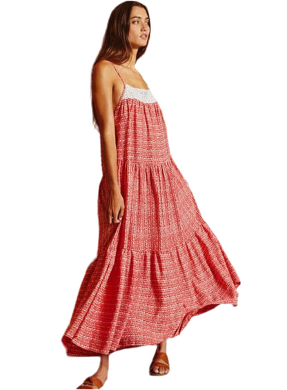 Flower and Lace Tiered Flowy Maxi Dress - small