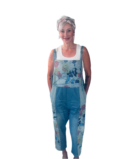 Floral Blue Denim Overalls One Size