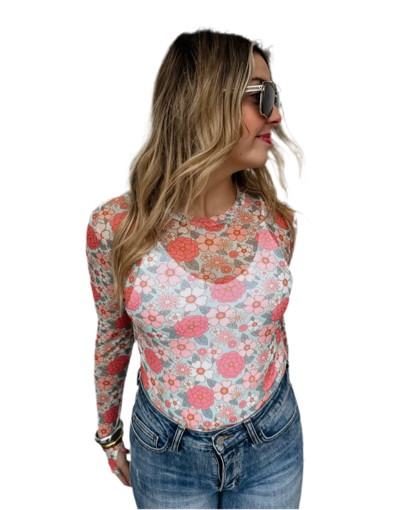 Floral Long Sleeve Mesh Top-Multiple Colors