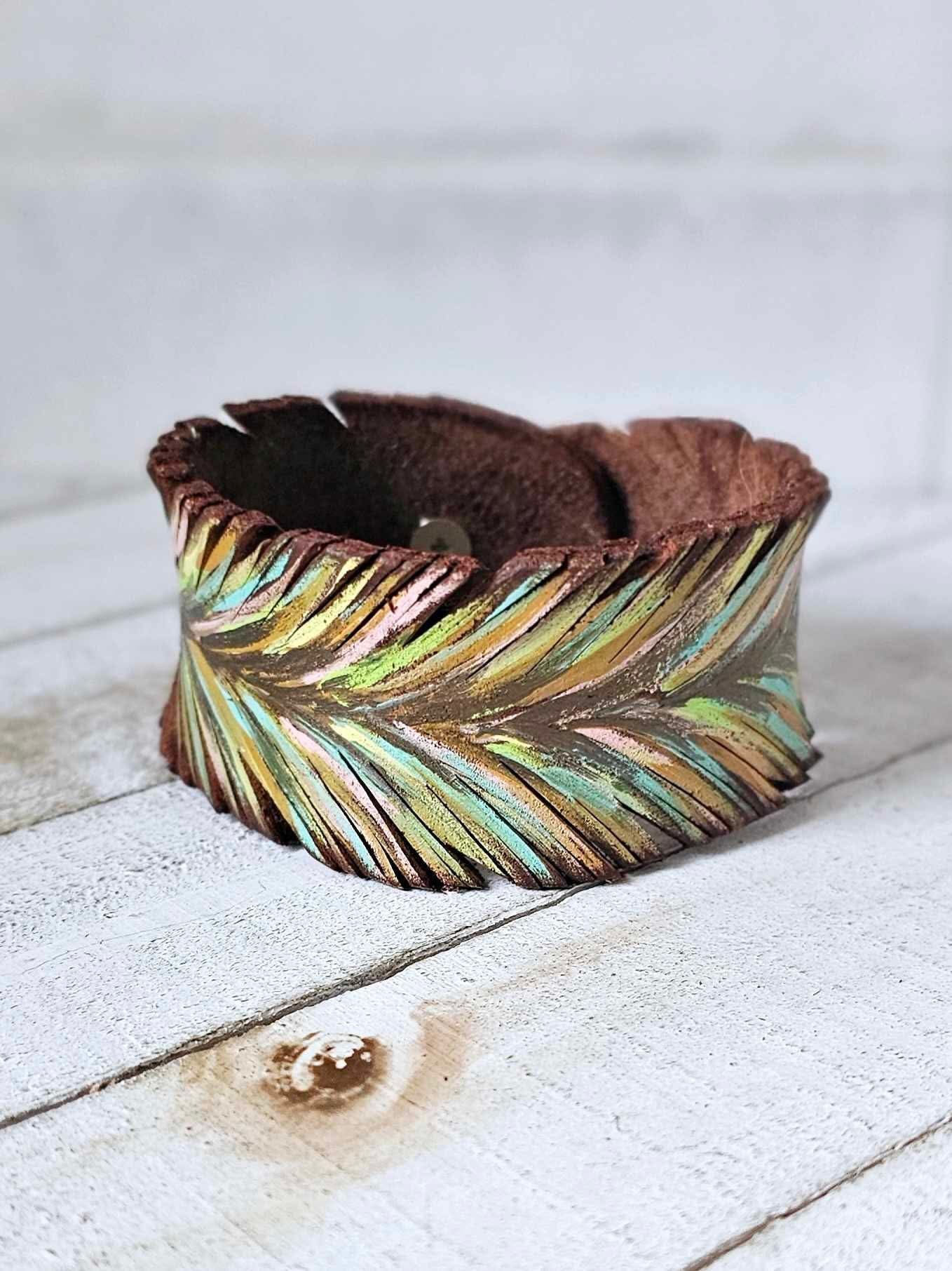 Colorful Feather Leather Cuff Bracelet