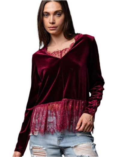 Elegant Velvet Lace Trim Blouse-Multiple Colors