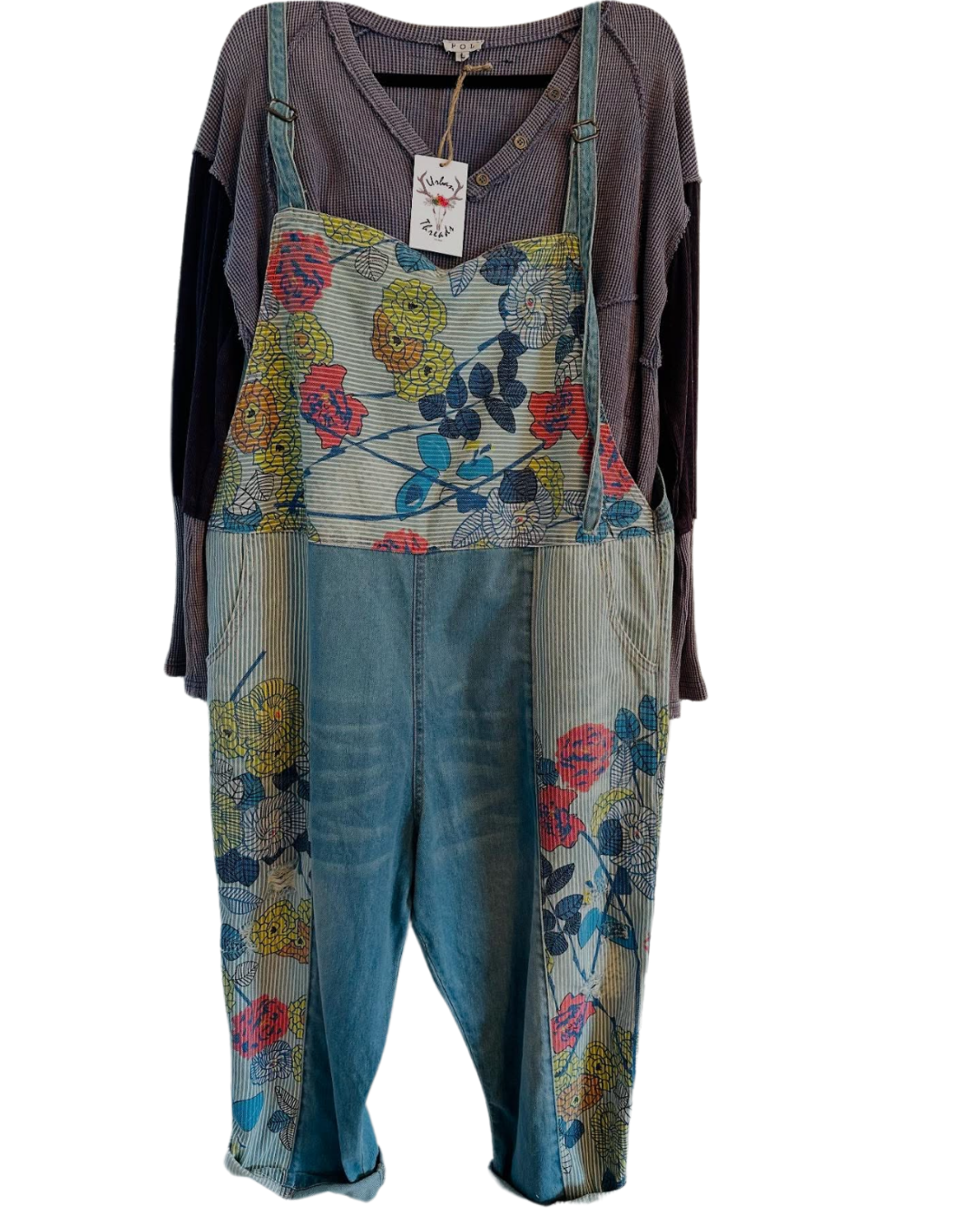 Floral Blue Denim Overalls One Size