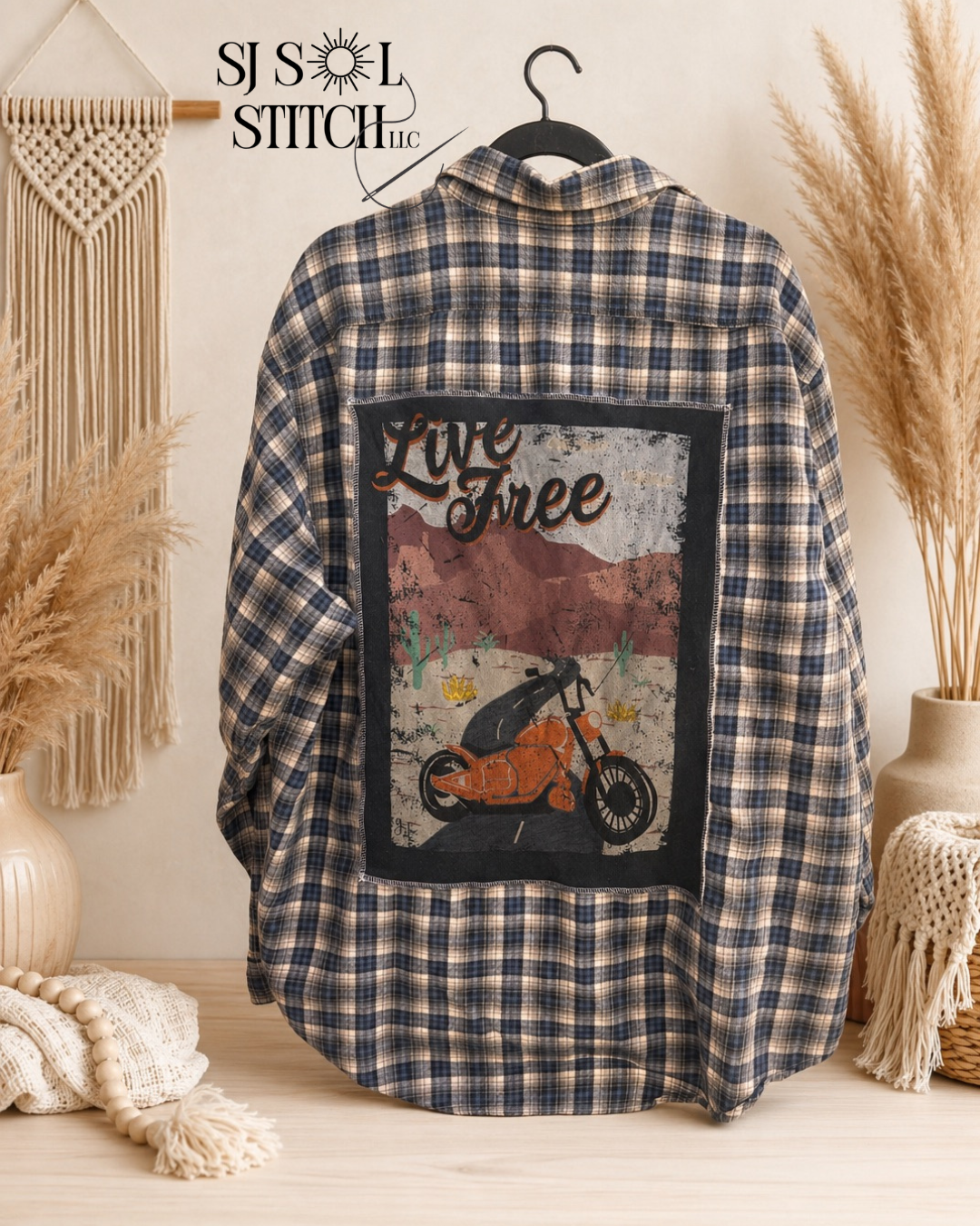 Live Free Upcycled Flannel — Blue Plaid | SJ Original