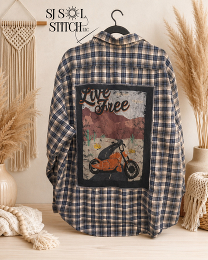 Live Free Upcycled Flannel — Blue Plaid | SJ Original