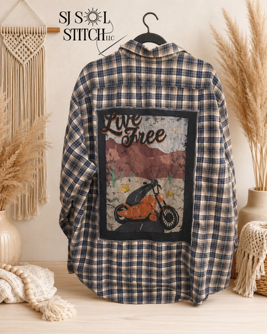 Live Free Upcycled Flannel — Blue Plaid | SJ Original